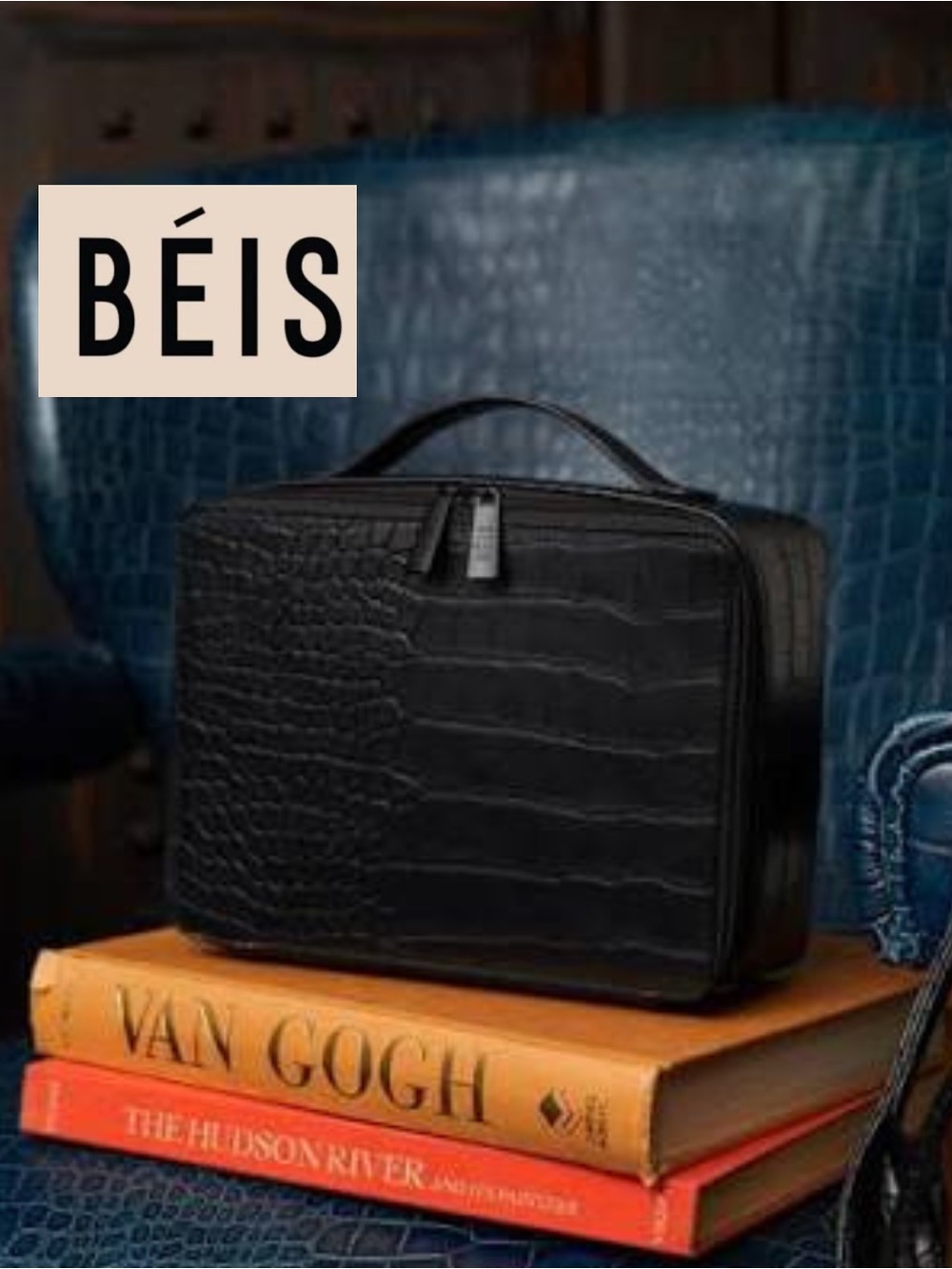 BEIS Rare Discontinued Color way The Cosmetic Case in Black Croc-Embossed